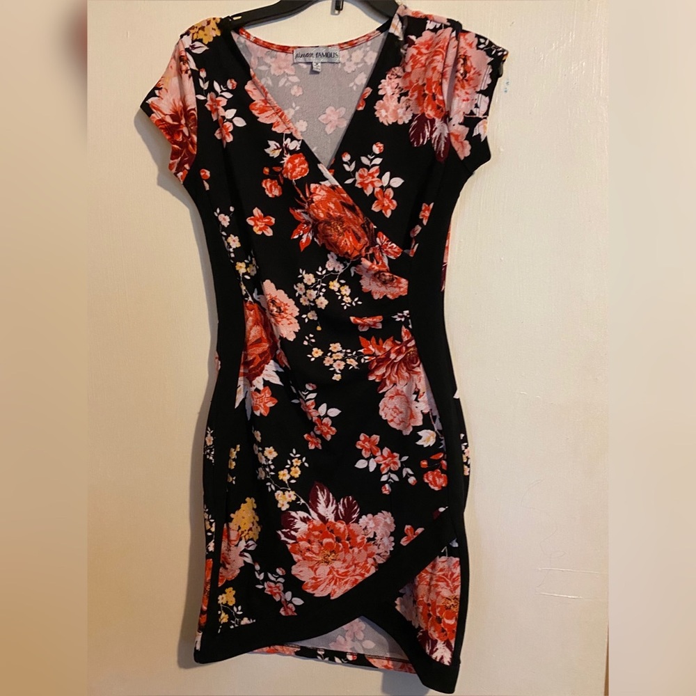 V-Neck Floral Print Black Mini Dress